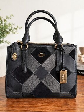 COACH Carryall Crossbody Handbag Mixed Black Grey Leather Patchwork Crosby